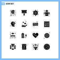 16 Universal Solid Glyph Signs Symbols of mind robot analytics robotic human Editable Vector Design Elements