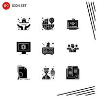 Modern Set of 9 Solid Glyphs Pictograph of space monitor travel atom cake Editable Vector Design Elements