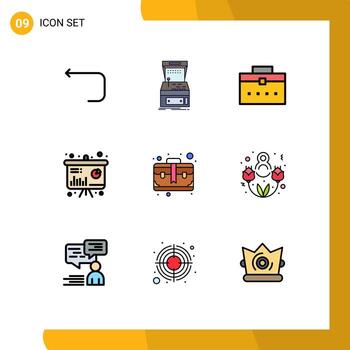 User Interface Pack of 9 Basic Filledline Flat Colors of bag sales play presentation interface Editable Vector Design Elements