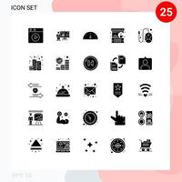 Group of 25 Modern Solid Glyphs Set for mouse computer gauge shop coffee Editable Vector Design Elements