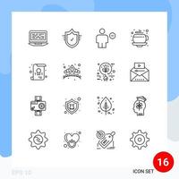 Set of 16 Vector Outlines on Grid for certificate cup tick coffee human Editable Vector Design Elements