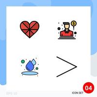 Editable Vector Line Pack of 4 Simple Filledline Flat Colors of heart drop favorite person water Editable Vector Design Elements