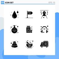 Mobile Interface Solid Glyph Set of 9 Pictograms of glass drawing goal drafting compass Editable Vector Design Elements