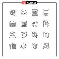 Pack of 16 Modern Outlines Signs and Symbols for Web Print Media such as school office coffee film cinema Editable Vector Design Elements