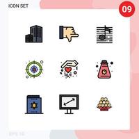 Pictogram Set of 9 Simple Filledline Flat Colors of love gift audio target cyber Editable Vector Design Elements