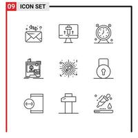 Pictogram Set of 9 Simple Outlines of sign printing clock printer dimensional Editable Vector Design Elements