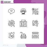 Group of 9 Outlines Signs and Symbols for wallet mobile launch cashless setting Editable Vector Design Elements