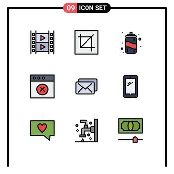 conjunto de color plano de línea de relleno de interfaz móvil de 9 pictogramas de elementos de diseño de vector editables de herramienta de negocio de mensajes aplicación mac