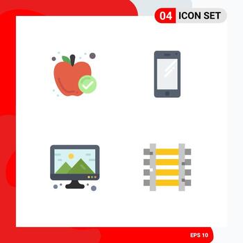 Mobile Interface Flat Icon Set of 4 Pictograms of apple creative healthy food mobile computer Editable Vector Design Elements