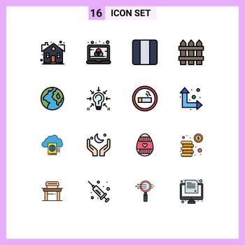 Mobile Interface Flat Color Filled Line Set of 16 Pictograms of earth security screen home layout Editable Creative Vector Design Elements