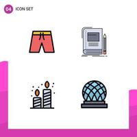 grupo de 4 colores planos de línea de relleno modernos para pantalones cortos de cumpleaños de playa velas educativas elementos de diseño de vectores editables