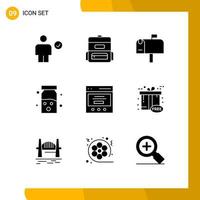 Mobile Interface Solid Glyph Set of 9 Pictograms of slider communication mail medical health Editable Vector Design Elements