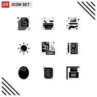 Pack of 9 Modern Solid Glyphs Signs and Symbols for Web Print Media such as development browser graph shinning sun Editable Vector Design Elements