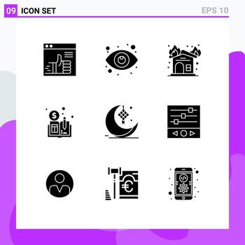 Set of 9 Vector Solid Glyphs on Grid for cresent distributed ledger book view distributed firehouse Editable Vector Design Elements