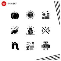 9 Creative Icons Modern Signs and Symbols of beetle bug sputnik optimization space coins Editable Vector Design Elements