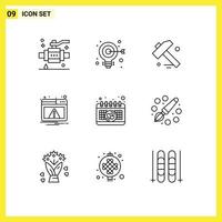 User Interface Pack of 9 Basic Outlines of love calendar construction warning alert Editable Vector Design Elements