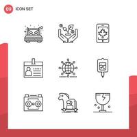 Set of 9 Vector Outlines on Grid for globe id mobile document badge Editable Vector Design Elements