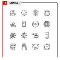 Pack of 16 Modern Outlines Signs and Symbols for Web Print Media such as book education camera internet world Editable Vector Design Elements