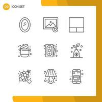 Group of 9 Modern Outlines Set for payment cash grid supermarket kitchen Editable Vector Design Elements