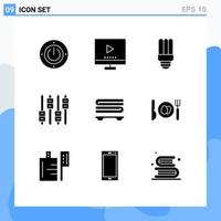 Mobile Interface Solid Glyph Set of 9 Pictograms of towels volume video audio equalizer Editable Vector Design Elements