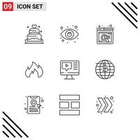 Group of 9 Outlines Signs and Symbols for play spark find fire place fire Editable Vector Design Elements