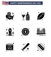 9 signos de glifos sólidos para el día de la independencia de EE. UU. Punto de referencia espacial edificio de botellas deporte elementos de diseño de vector de día de EE. UU. editables