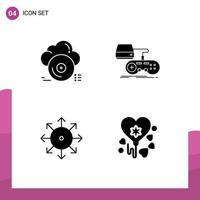 Pack of 4 Modern Solid Glyphs Signs and Symbols for Web Print Media such as cd play cloud game advertising Editable Vector Design Elements