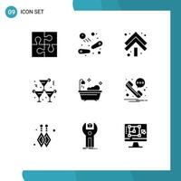 Mobile Interface Solid Glyph Set of 9 Pictograms of bathroom party play drink double Editable Vector Design Elements