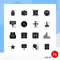 conjunto de pictogramas de 16 glifos sólidos simples de premio de código de barras cine regalo tira de película elementos de diseño vectorial editables vector