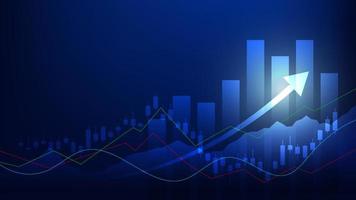 Financial business statistics with bar graph and candlestick chart show stock market price and effective earning on blue background vector