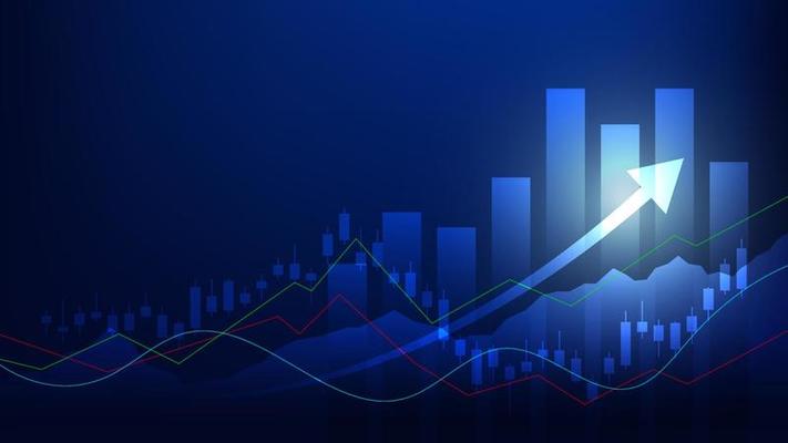 Financial business statistics with bar graph and candlestick chart show stock market price and effective earning on blue background