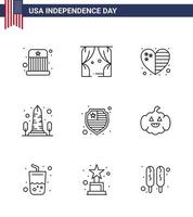Group of 9 Lines Set for Independence day of United States of America such as american usa heart sight landmark Editable USA Day Vector Design Elements