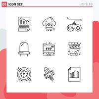 Group of 9 Modern Outlines Set for account led cloud diode game Editable Vector Design Elements