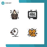 paquete de 4 signos y símbolos de colores planos de línea de relleno modernos para medios de impresión web, como elementos de diseño de vectores editables humanos para tableros de cupcakes de balance de pasteles