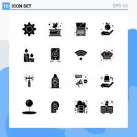 Modern Set of 16 Solid Glyphs Pictograph of nature fire computer candle food Editable Vector Design Elements