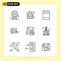 9 iconos creativos para el diseño moderno de sitios web y aplicaciones móviles receptivas 9 símbolos de contorno signos sobre fondo blanco paquete de 9 iconos vector