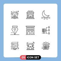 9 User Interface Outline Pack of modern Signs and Symbols of shops retail moon house pen Editable Vector Design Elements