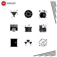 Set of 9 Vector Solid Glyphs on Grid for bakery gear apple design meal Editable Vector Design Elements