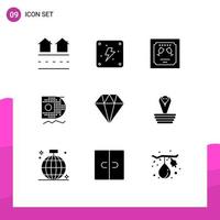 Mobile Interface Solid Glyph Set of 9 Pictograms of diamond mining card data scince data Editable Vector Design Elements