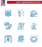 Modern Set of 9 Blues and symbols on USA Independence Day such as usa invitation pipe american speaker Editable USA Day Vector Design Elements