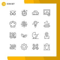 16 User Interface Outline Pack of modern Signs and Symbols of world global image nature butterfly Editable Vector Design Elements