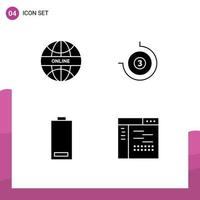 4 Thematic Vector Solid Glyphs and Editable Symbols of global electricity world timepiece low Editable Vector Design Elements