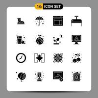 Group of 16 Modern Solid Glyphs Set for apple juice luggage umbrella bag web Editable Vector Design Elements