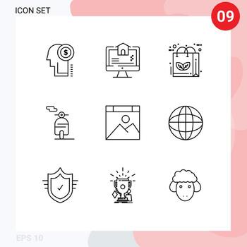 Pictogram Set of 9 Simple Outlines of computer transport bag scooter recycle Editable Vector Design Elements