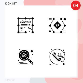 Mobile Interface Solid Glyph Set of 4 Pictograms of content bug design record search Editable Vector Design Elements