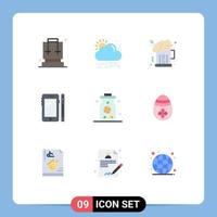 paquete de 9 signos y símbolos modernos de colores planos para medios de impresión web, como beber agua, pluma nocturna, elementos de diseño de vectores editables móviles