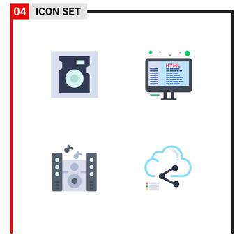 paquete de 4 signos y símbolos de iconos planos modernos para medios de impresión web, como programación de código de altavoz de disco, elementos de diseño de vectores editables en la nube