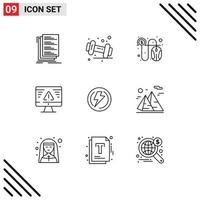 9 User Interface Outline Pack of modern Signs and Symbols of bolt error gym security cash Editable Vector Design Elements