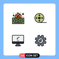 Pack of 4 creative Filledline Flat Colors of risky monitor money movie imac Editable Vector Design Elements