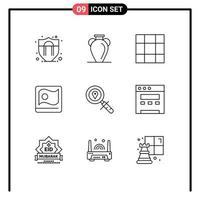 Group of 9 Modern Outlines Set for navigation location grid map asian Editable Vector Design Elements